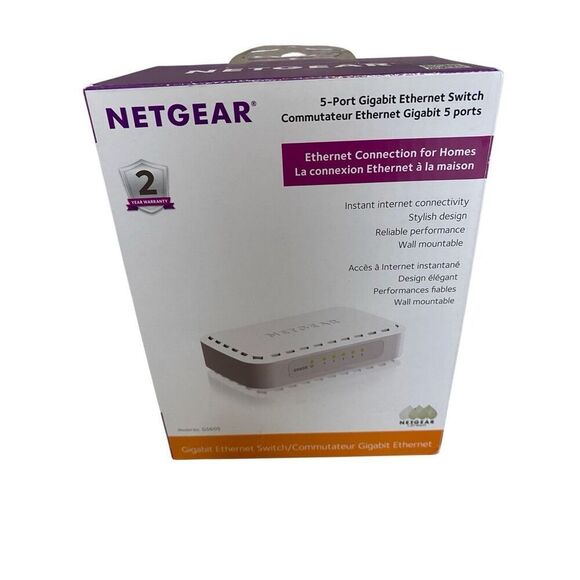 Netgear GS605 5 Port Gigabit Ethernet Switch With Power Adapter Ethernet Cord - Picture 9 of 16